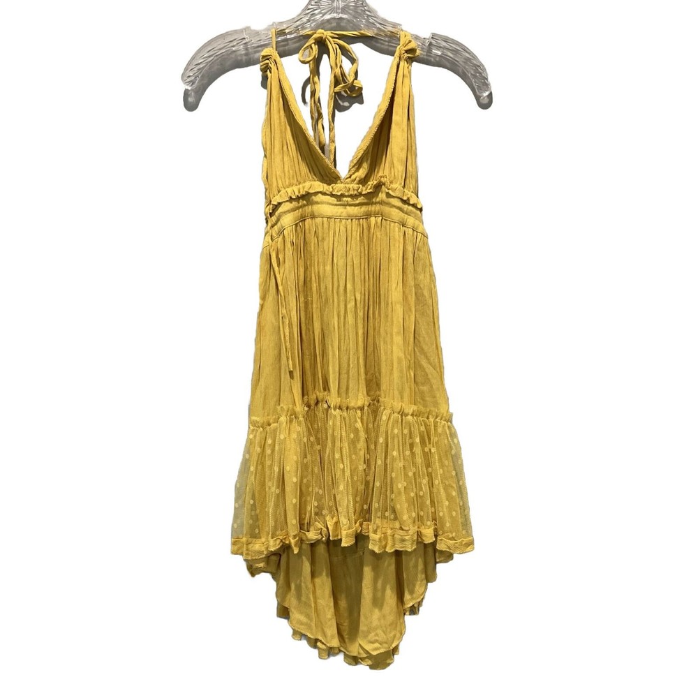 R.Vivimos Small Mustard Boho Halter  Backless Lace Polkadot Dip Hem Mini Dress